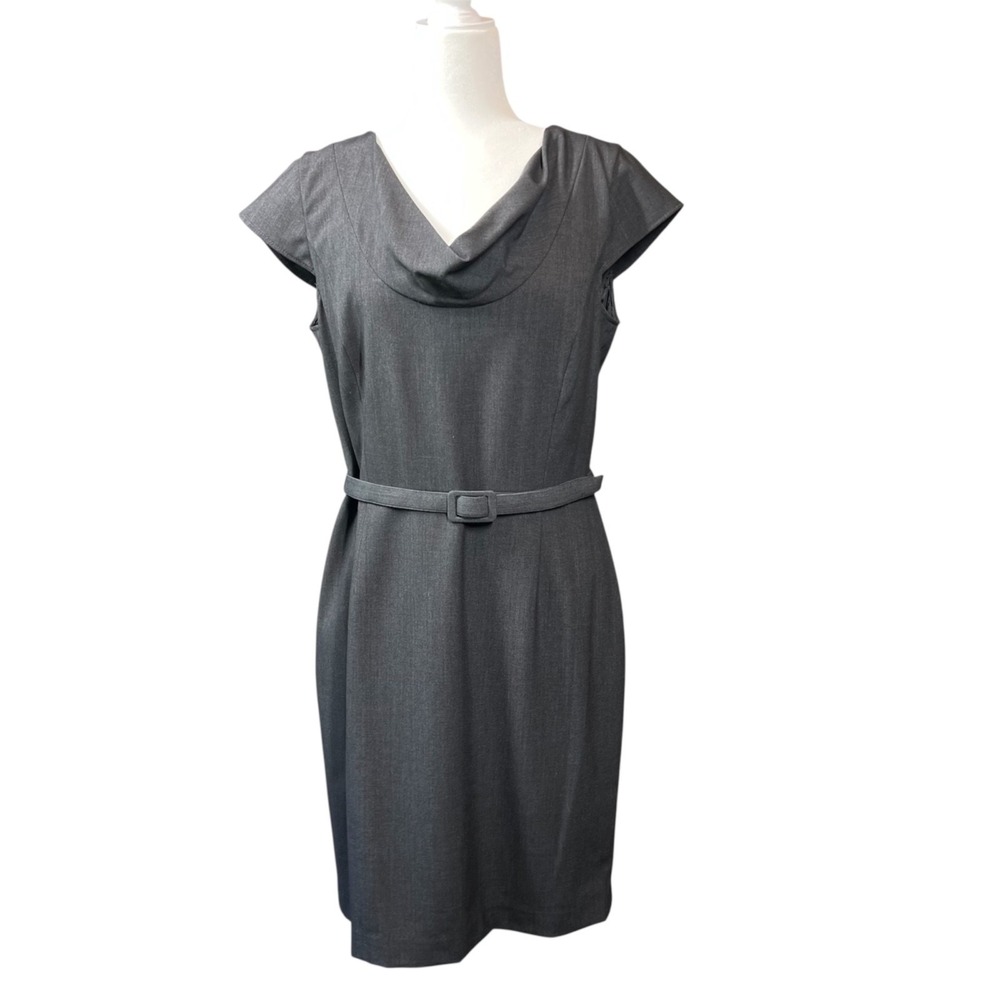 Calvin Klein Dress Womens 12 Gray Cowl Neck Career Belted Cap Sleeve Sheath
